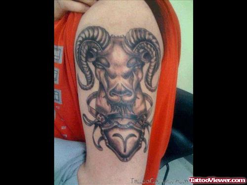 Grey Ink Goat Head And Aries Tattoo On Left Half Sleeve