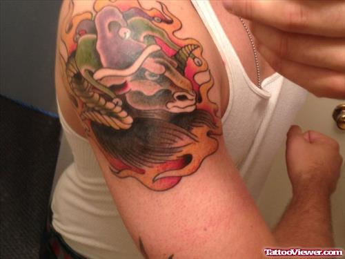 Flaming Goat Head Aries Tattoo On Shoulder