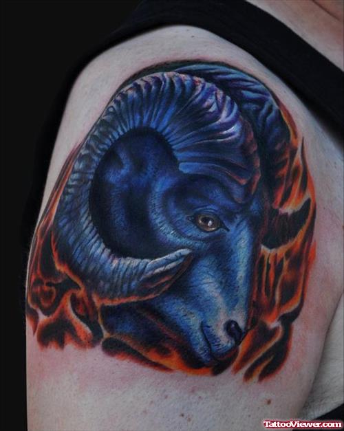 Color Flaming Aries Tattoo On Right Shoulder