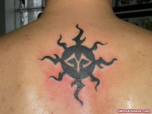 Black Tribal Sun and Aries Tattoo On Upperback