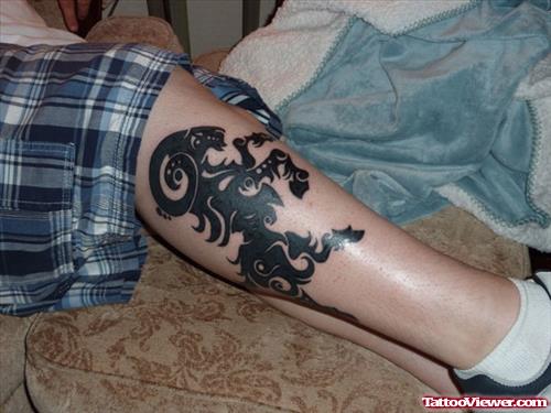 Black Tribal Aries Tattoo On Leg
