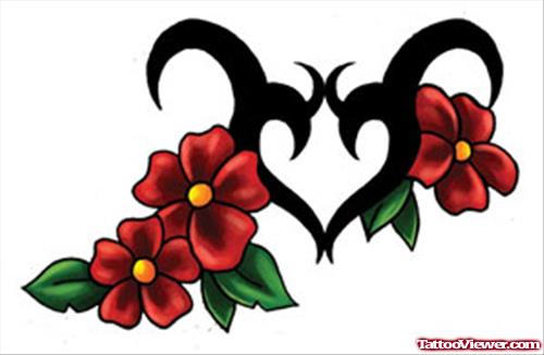 Red Flowers And Tribal Aries Tattoo Design