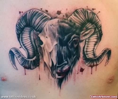 Grey Ink Goat Head Aries Tattoo On Man Chest