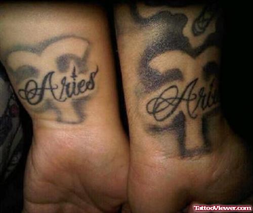 Grey Ink Aries Tattoos On Wrist