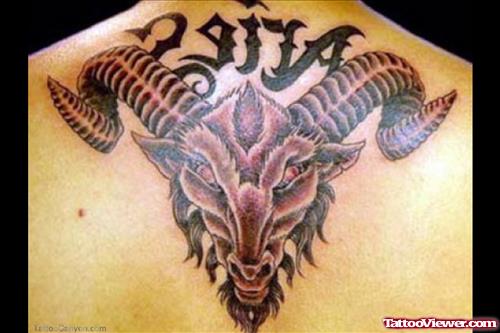 Grey Ink Aries Tattoo On Back