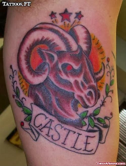 Castle Banner And Aries Head Tattoo