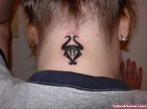 Black Ink Zodiac Aries Tattoo On Nape