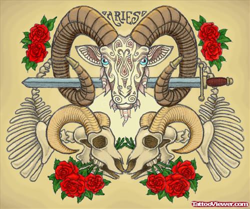Red Rose Flowers And Aries Tattoo Design