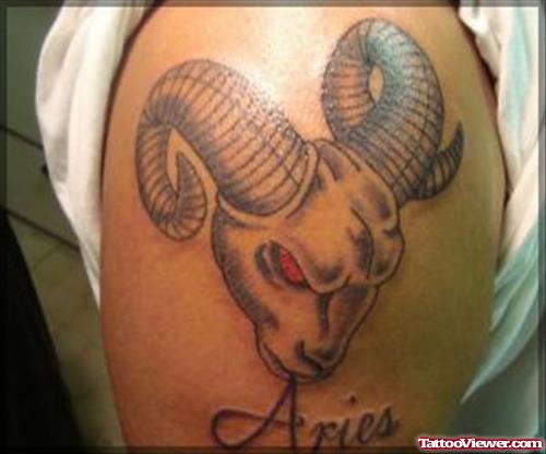 Red Eyes Aries Tattoo On Shoulder
