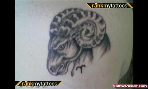 Grey Ink Goat Head And Aries Sign Tattoo