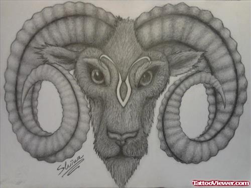 Grey Ink Aries Goat Head Tattoo Design