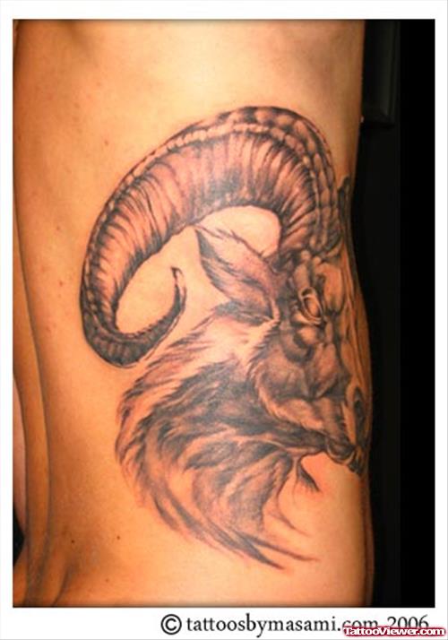 Grey Ink Side Rib Goat Head Aries Tattoo