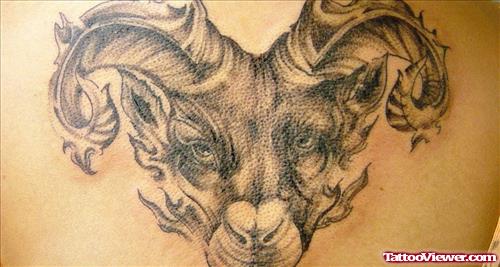 Grey Ink Goat Head Aries Tattoo On Back