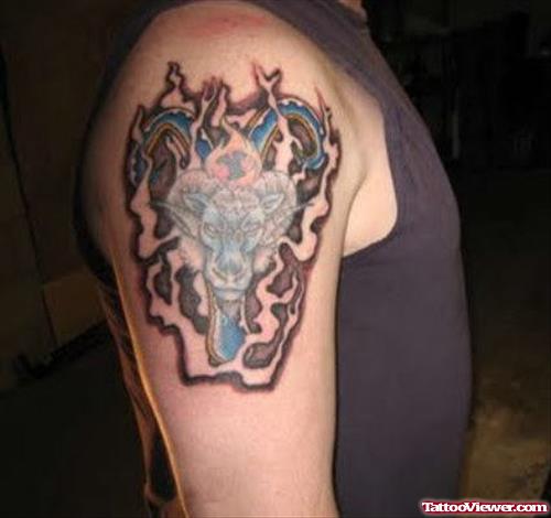 Goat Head In Flames Aries Tattoo On Shoulder
