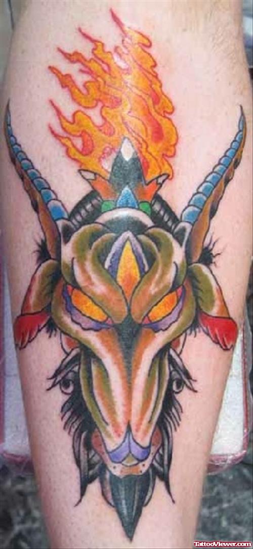 Colored Flaming Goat Head Aries Tattoo