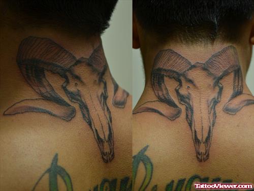 Amazing Grey Ink Goat Skull Aries Tattoo On Back