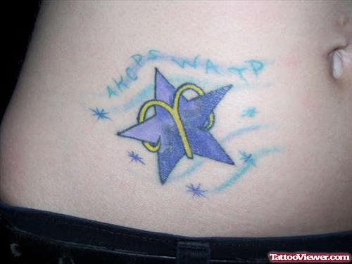 Purple Star And Aries Tattoo On Hip
