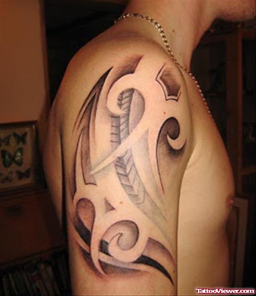 Grey Ink Tribal Aries Tattoo On Man Right Half Sleeve