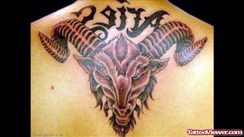 Amazing Grey Ink Goat Head Aries Tattoo On Back