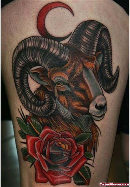 Rose Flower And Aries Head Tattoo