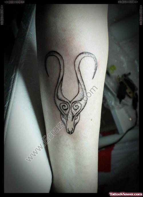 Grey Ink Aries Tattoo On Left Arm