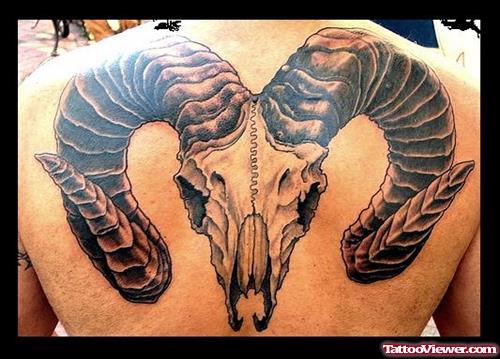 Grey Ink Aries Skull Tattoo On Back