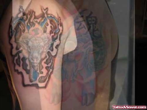 Flaming Zodiac Goat Head Aries Tattoo On Half Sleeve