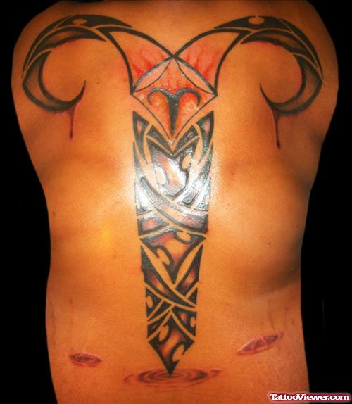 Amazing Tribal Aries Zodiac Tattoo On Back