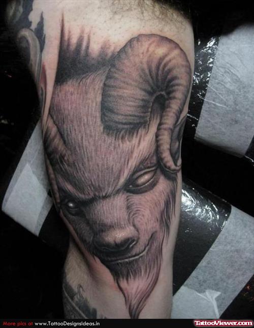 Amazing Grey Ink Goat Head Aries Tattoo On Half Sleeve