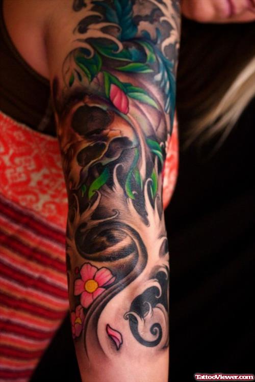 Grey Ink Skull And Flowers Tattoo On Right Arm
