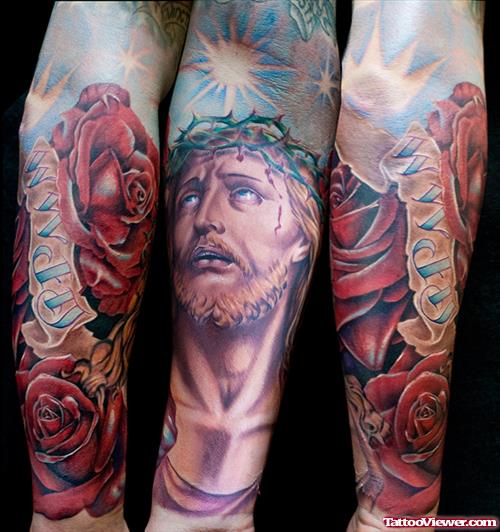 Rose Flowers And Jesus Tattoos On Arm