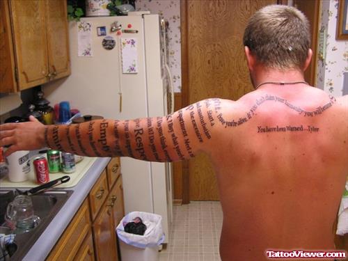 Lettering Tattoo On Man Left Arm