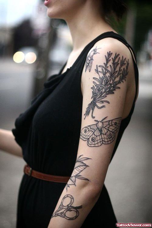 Grey Ink Moth Tattoo On Girl Left Full Arm