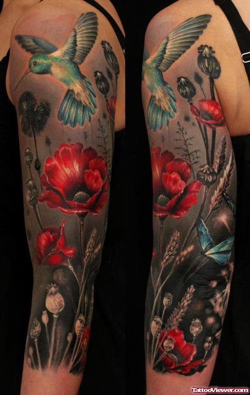 Flying Hummingbird And Red Flowers Tattoos On Left Arm