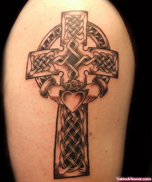 Celtic Cross and Claddagh Tattoo On Left Arm