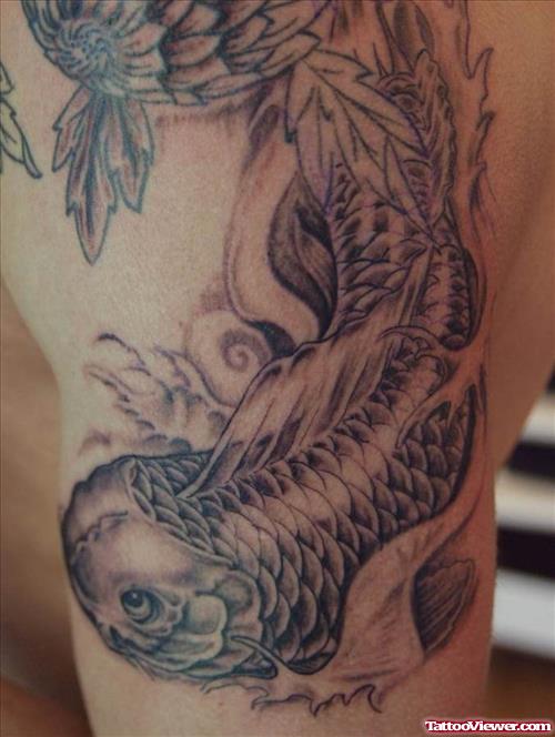 Grey Ink Koi Fish Tattoo On Left Half Sleeve