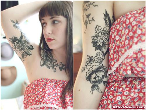 Grey Ink Flowers Tattoos On Girl Right Arm