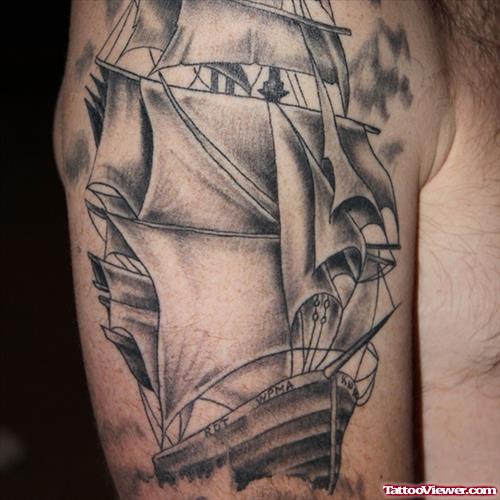 Awesome Grey Ink Ship Tattoo On Right Arm