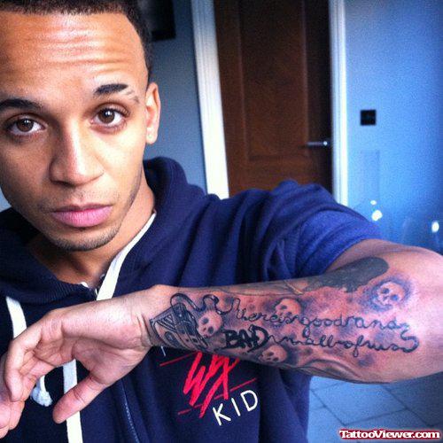 Grey Ink Skulls Tattoos On Left Arm