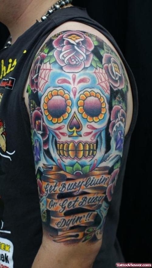 Colored Sugar Skull Tattoo On Left Arm
