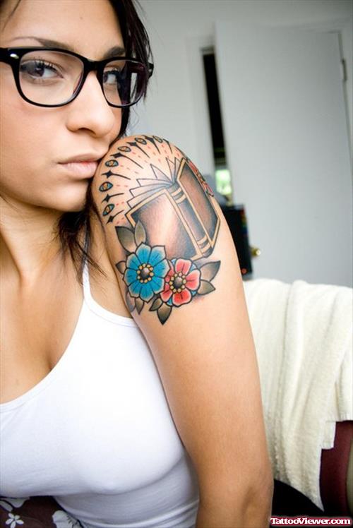 Color Flowers And Book Tattoo On Left Arm