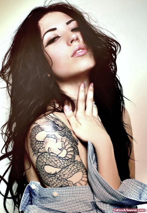 Grey Ink Dragon Tattoo On Girl Right Half Sleeve