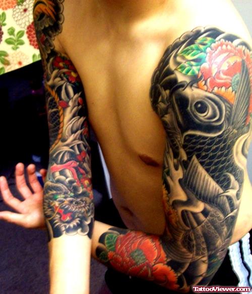 Black Ink Dragon And Koi Fish Tattoo On Both Arms