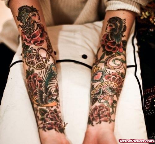 Rose Flowers And Girl Heads Arm Tattoos
