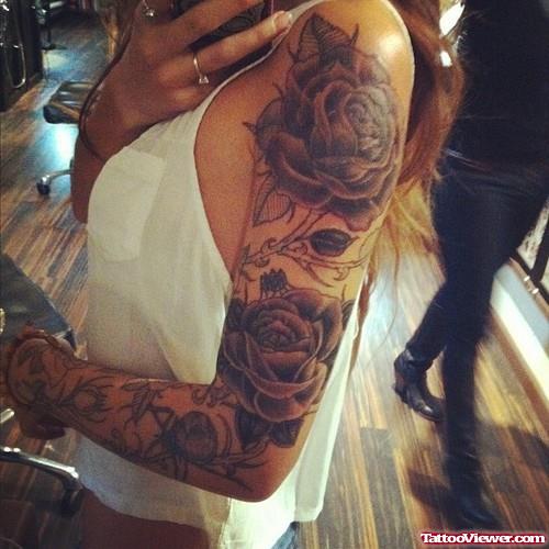 Grey Rose Flowers Arm Tattoos On Sleeve