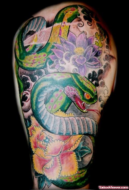 Colored flowers And Snake Tattoo On Right Arm