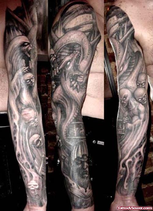 Grey Ink Dragon Tattoo On Full Arms