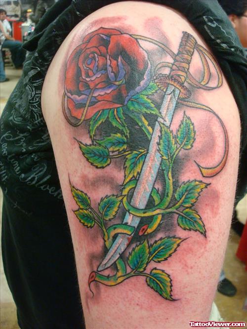 Dagger And Red Rose Arm Tattoo