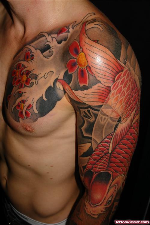 Colored Koi Tattoo On Chest And Left Arm