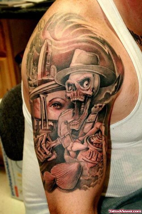 Grey Ink Skull With Hat Tattoo on Arm